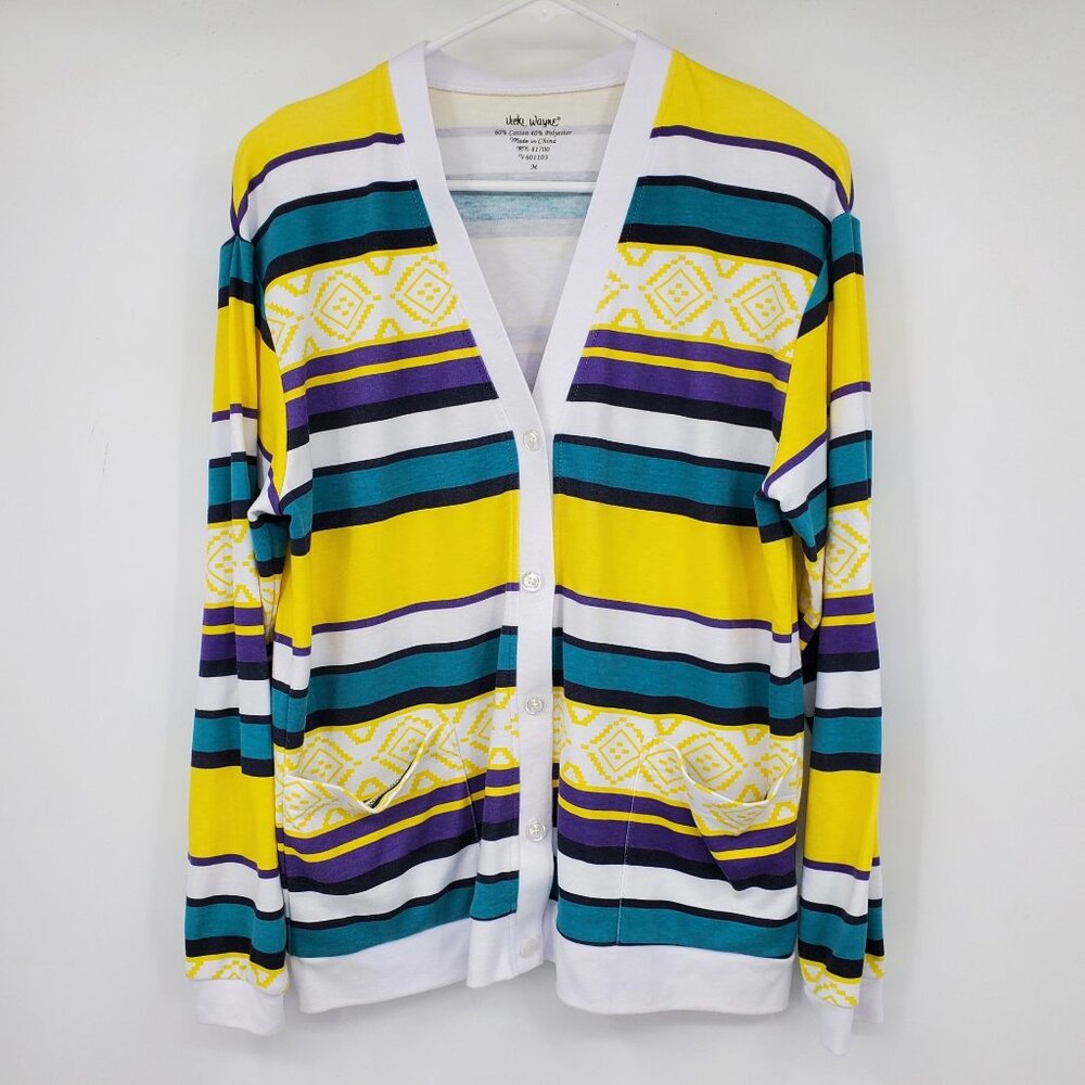 Vicki Wayne Y2K Boho Yellow Stripe Southwestern Festival Artsy Cardigan Sweater